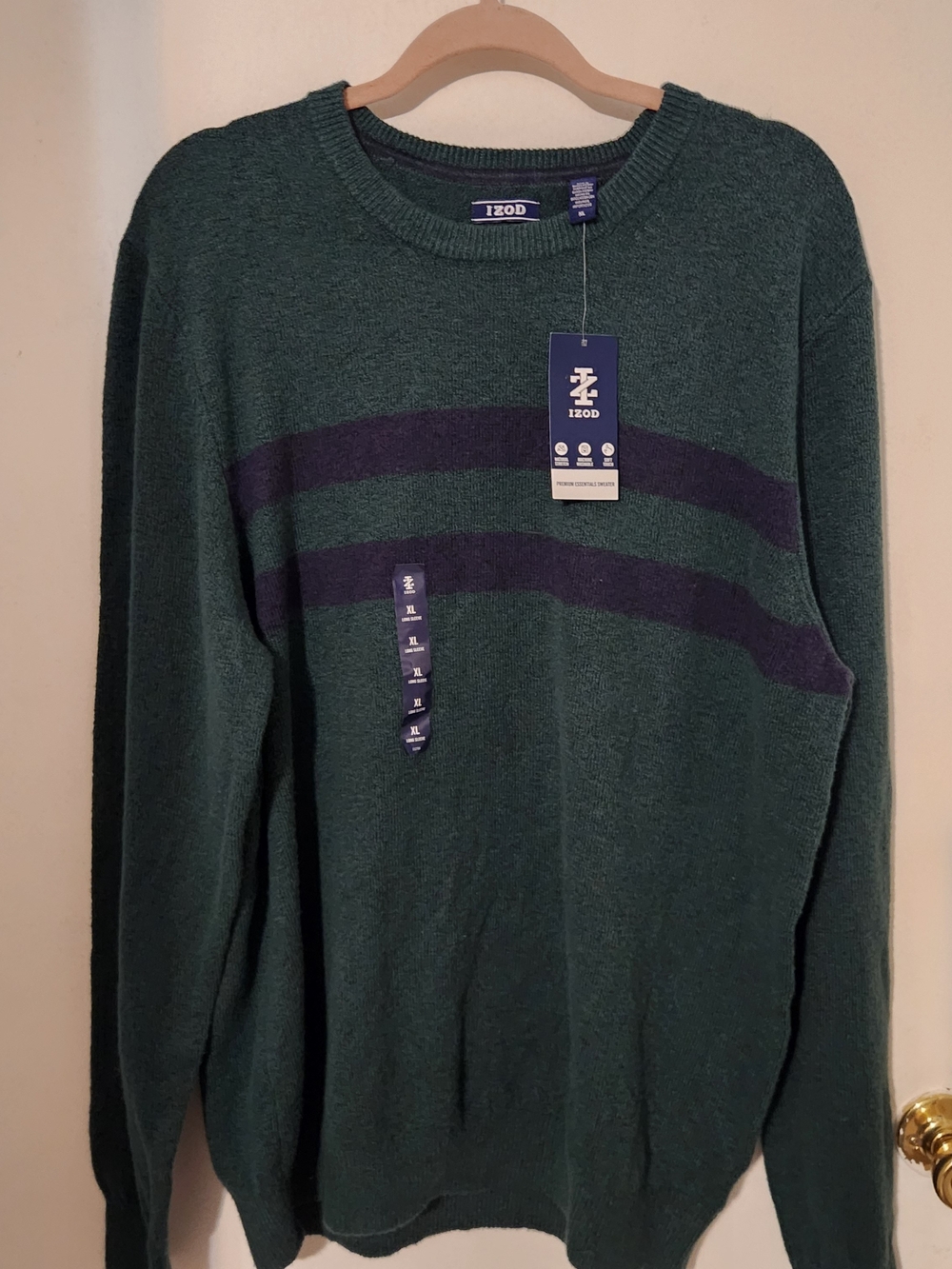 IZOD Dark Green Crewneck Sweater with Navy Stripes